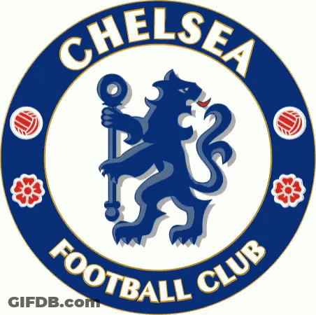 The Logo For The Chelsea Football Club Has A Lion Holding A Cane GIF