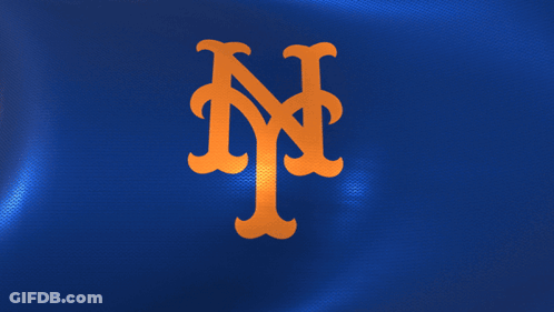 The Logo For The New York Mets Is Shown On A Blue Background GIF