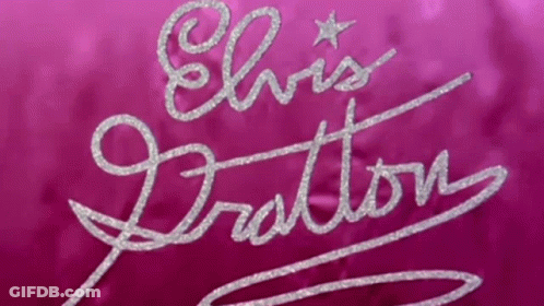 The Name Elvis Is Written In Silver On A Pink Cloth GIF