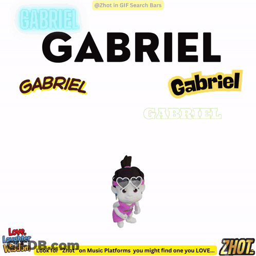 The Name Gabriel Is On A White Background With A Cartoon Character GIF
