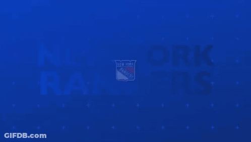 The New York Rangers Logo Is On A Blue Background With Red And White Letters GIF