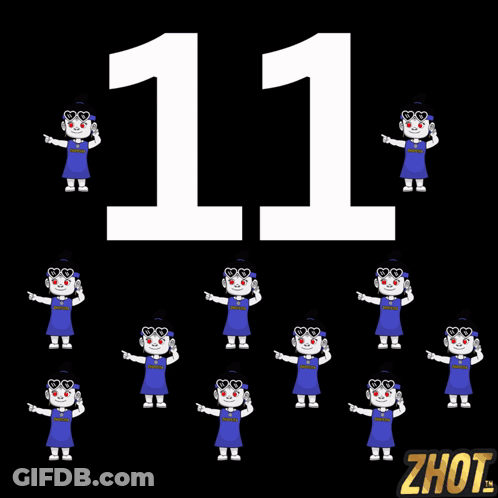 The Number 11 Is On A Black Background With A Bunch Of Cartoon Characters GIF