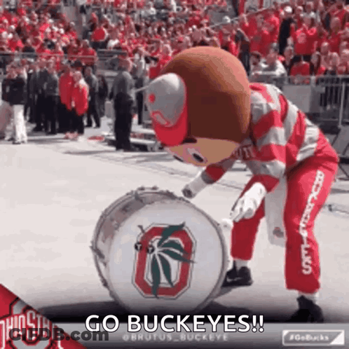 The Ohio State Mascot Is Playing A Drum In Front Of A Crowd . GIF