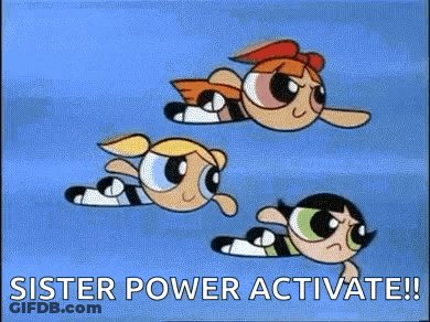 The Powerpuff Girls Are Flying Through The Air With The Words `` Sister Power Activate ! '' GIF