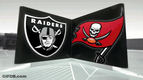 The Raiders And Tampa Bay Buccaneers Logos Are On A Black Background GIF
