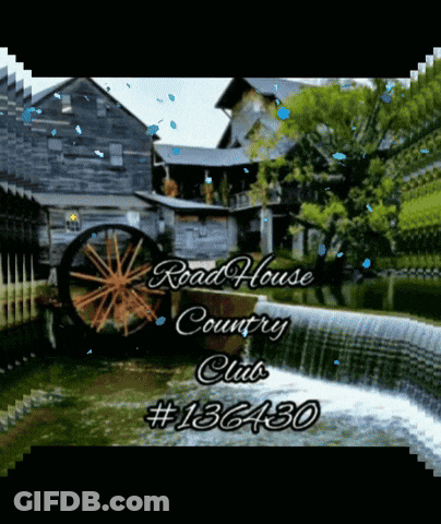 The Road House Country Club Has A Waterfall And A Water Wheel In The Background GIF
