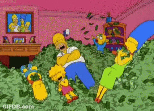 The Simpsons Are Laying On A Pile Of Money In A Living Room . GIF