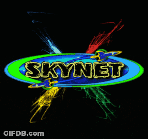 The Skynet Logo Is Surrounded By Colorful Lines GIF