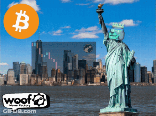 The Statue Of Liberty Has A Crown On Her Head And A Bitcoin Sign In The Background GIF