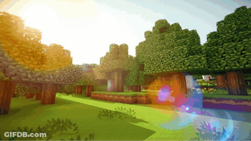 The Sun Is Shining Through The Trees In A Minecraft Scene GIF