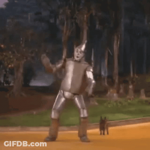 The Tin Man From The Wizard Of Oz Is Dancing On The Yellow Brick Road With A Dog . GIF