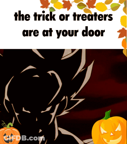 Trick Or Treaters At Door With Cartoon Character And Pumpkins GIF