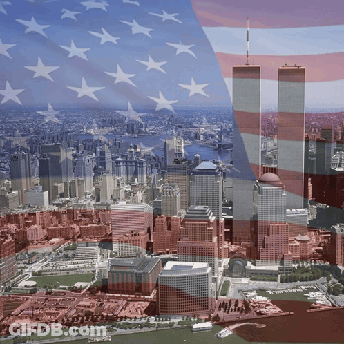 The Twin Towers Of The World Trade Center Are Visible In The Background GIF