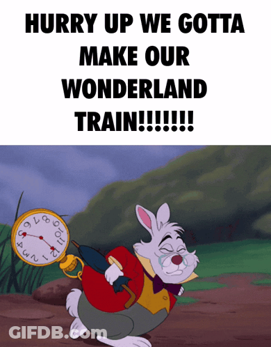 The White Rabbit From Alice In Wonderland Is Crying While Carrying A Clock And Umbrella GIF