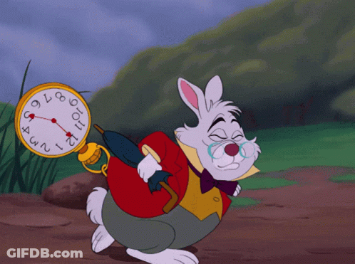 The White Rabbit From Alice In Wonderland Is Holding A Pocket Watch GIF