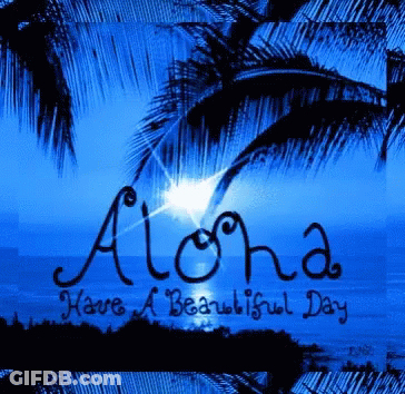 The Word Aloha Is On A Blue Background GIF