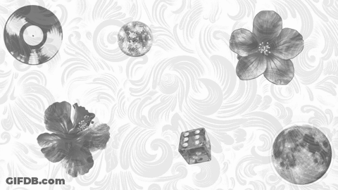 The Word Atlas Is On A White Background With Flowers Dice And A Record GIF