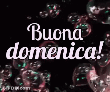 The Word Buona Domenica Is Surrounded By Soap Bubbles On A Black Background . GIF
