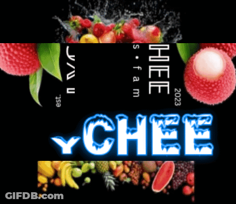 The Word Cheee Is On A Black Background With Fruit In The Background GIF