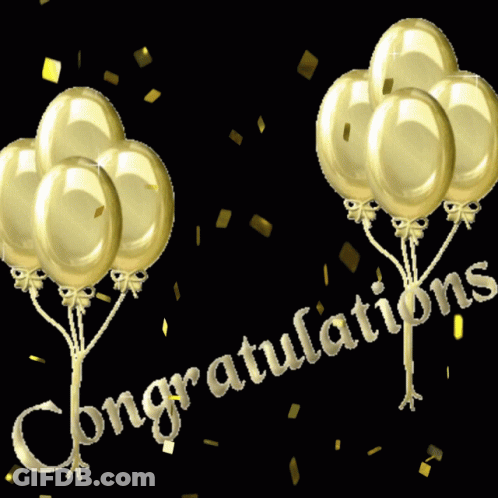 The Word Congratulations Is On A Black Background With Gold Balloons GIF