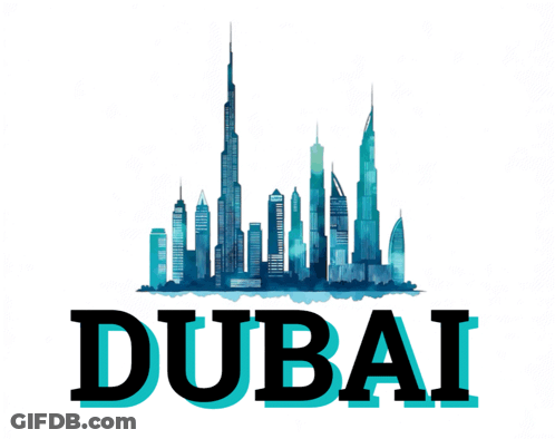 The Word Dubai Is On A White Background With A City Skyline GIF