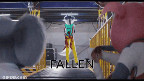 The Word Fallen Is On A Screen With Cartoon Characters GIF