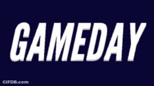 The Word Gameday Is Written In Black Letters On A White Background . GIF