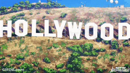 The Word Hollywood Is On A Hill With Trees In The Background GIF