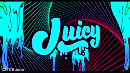 The Word Juicy Is On A Colorful Background With Lines GIF