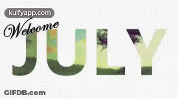 The Word July Is On A White Background With Fireworks Behind It GIF