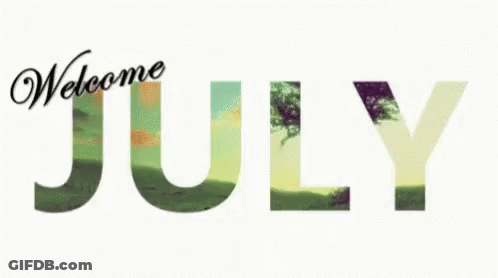 The Word July Is Surrounded By Fireworks And Says Welcome July GIF