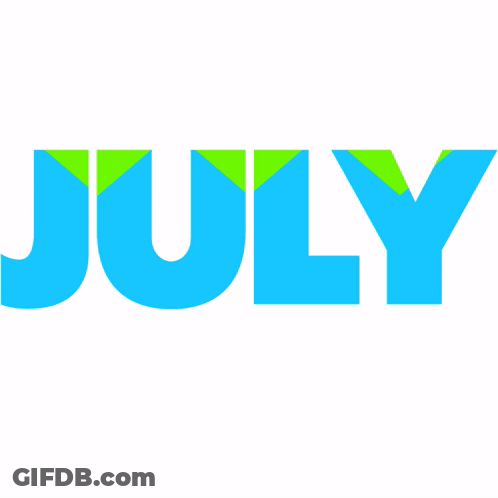 The Word July Is Written In Orange Letters On A White Background GIF