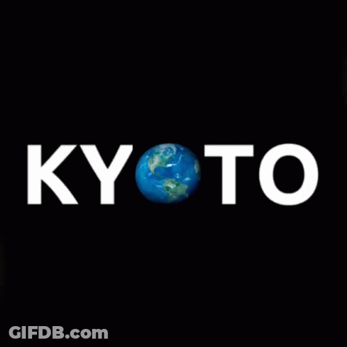 The Word Kyoto Is On A Black Background With A Globe In The Center GIF