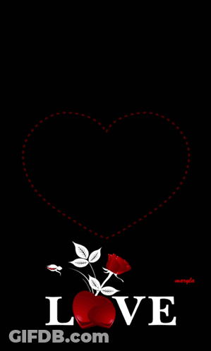 The Word Love Is On A Black Background With Red Hearts And Roses GIF