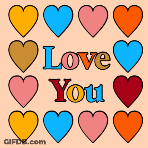 The Word Love Is Surrounded By Colorful Hearts On A Pink Background GIF
