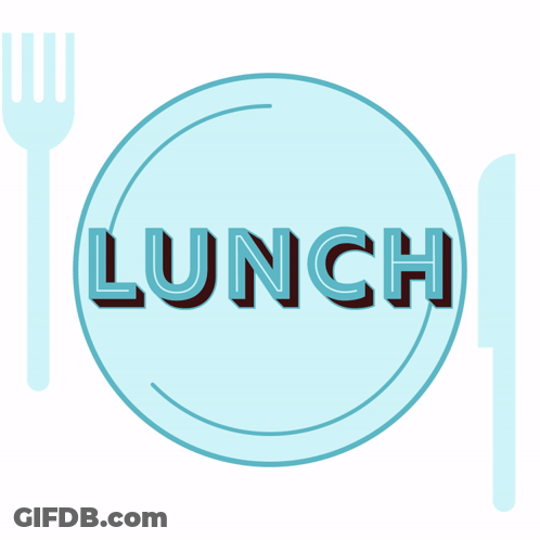 The Word Lunch Is On A Blue Plate With A Fork And Knife GIF