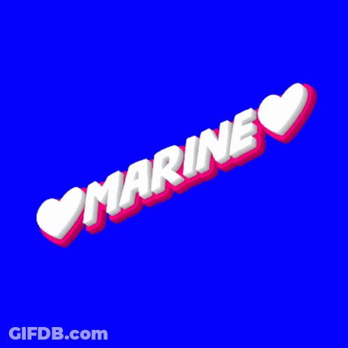 The Word Marine Is On A Blue Background With Two Hearts GIF