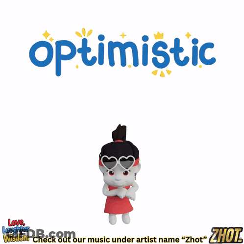 The Word Optimistic Is On A White Background With A Cartoon Character Wearing Sunglasses GIF