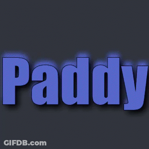 The Word Paddy Is Displayed In Blue On A Dark Background GIF