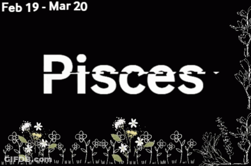 The Word Pisces Is On A Black Background With White Flowers GIF