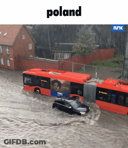 The Word Poland Is On The Top Of A Picture Of A Flooded Area GIF