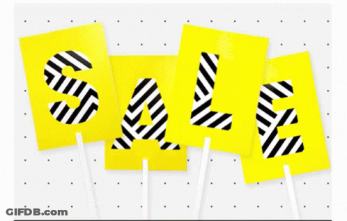 The Word Sale Is Written In Black And White Stripes On Yellow Cards GIF
