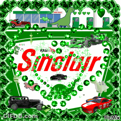 The Word Sinclair Is On A Green Background With A Dinosaur GIF