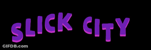 The Word Slick City Is Written In Purple Letters On A Black Background GIF