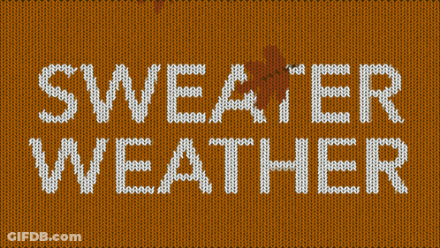 The Word Sweater Weather Is Knitted On A Brown Sweater GIF