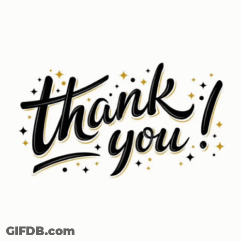 The Word Thank You Is Written In Black And Gold On A White Background With Stars . GIF