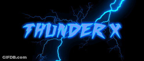 The Word Thunder X Is Surrounded By Blue Lightning Bolts GIF