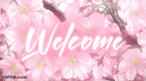 The Word Welcome Is Surrounded By Pink Flowers On A White Background GIF