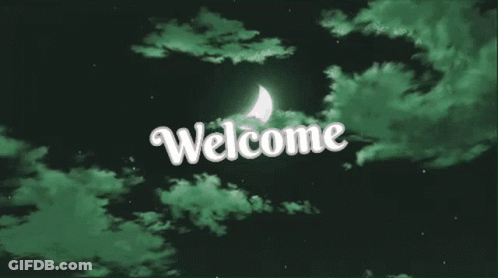 The Word Welcome Is Written In White Letters On A Green Background With A Crescent Moon In The Background . GIF