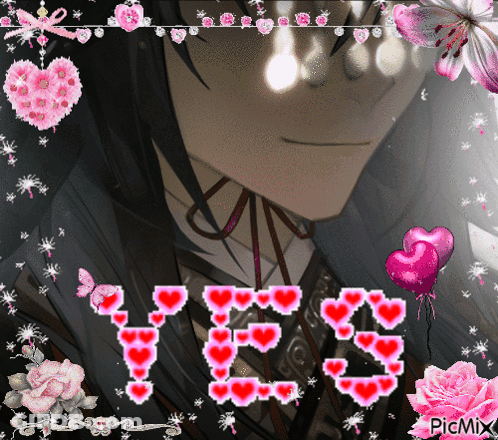 The Word Yes Is Surrounded By Pink Hearts GIF